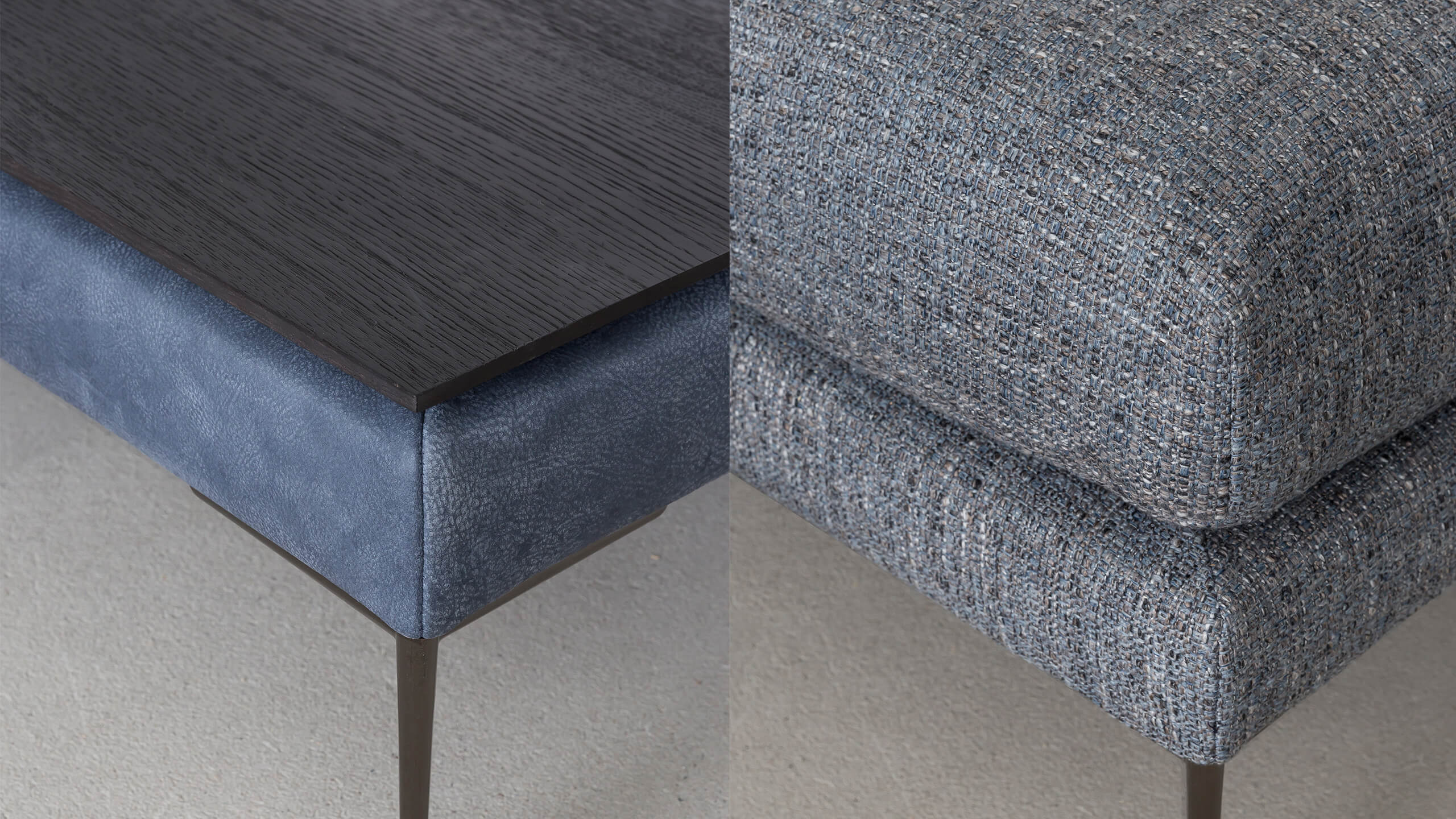 Detailaufnahmen vom Tisch und Hocker des Modells Saga