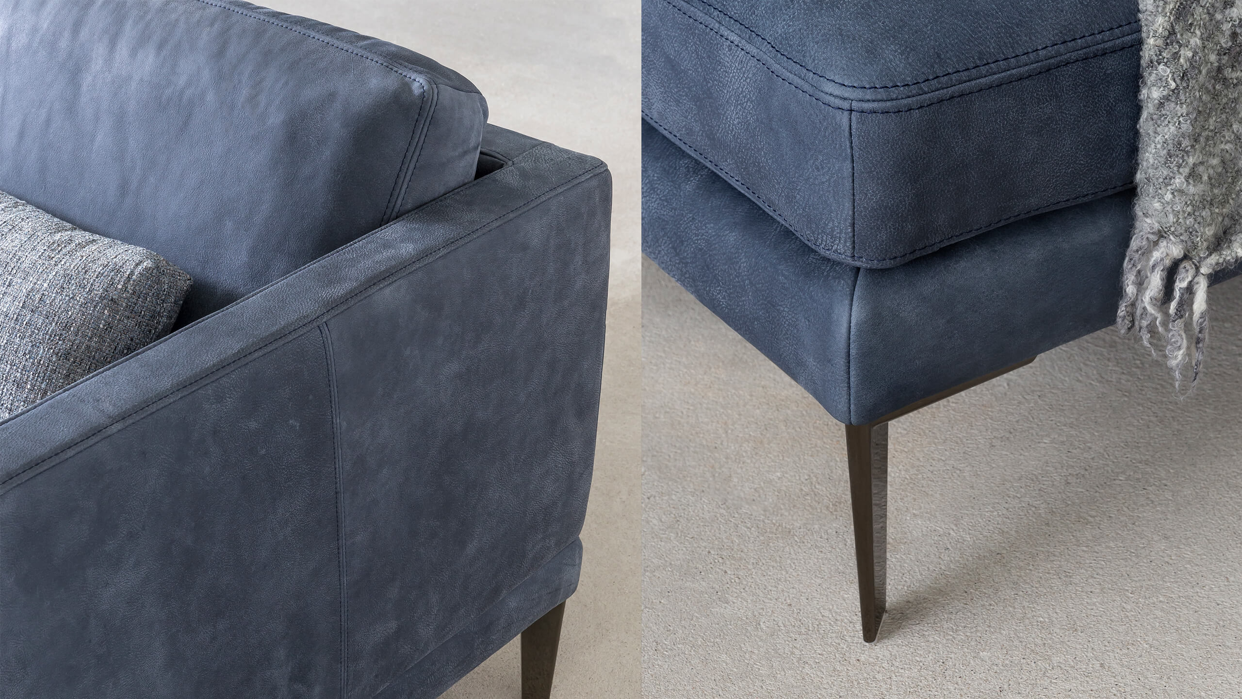 Detailaufnahmen vom Seitenteil und Fuß vom Sofa Saga