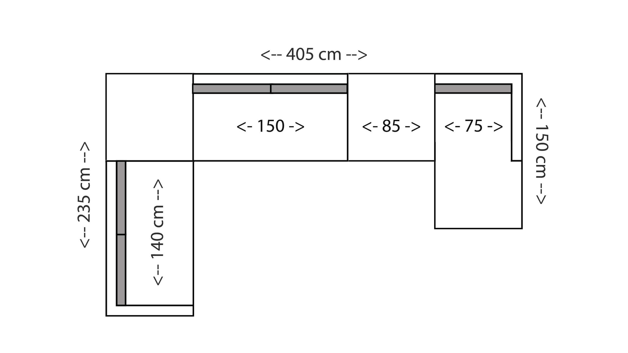 Saga Wohnlandschaft 150 mit Longchair 150 Skizze