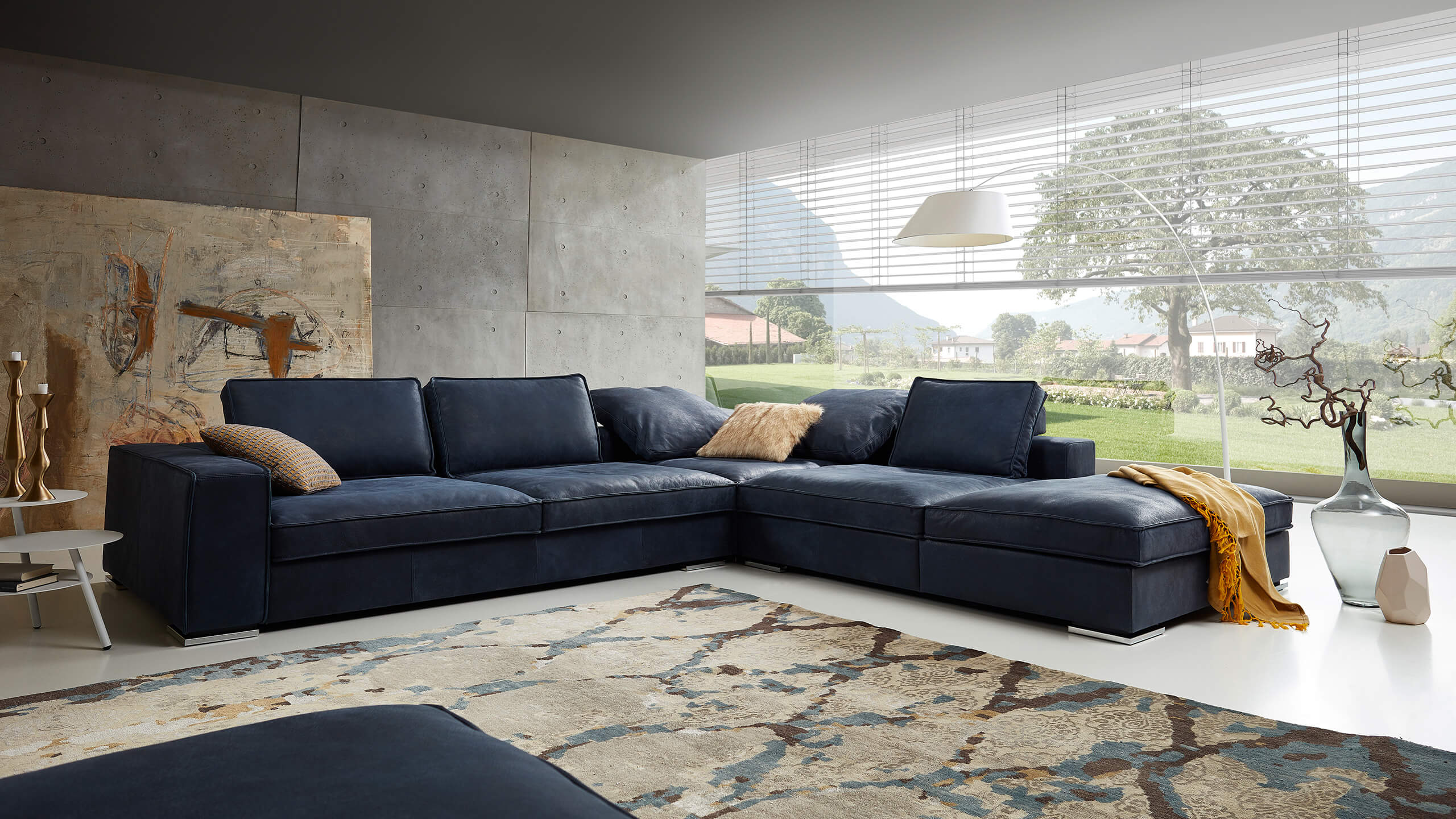 Dakota Ecksofa L mit Abschlusselement 135 rechts Nubukleder Reno Navy