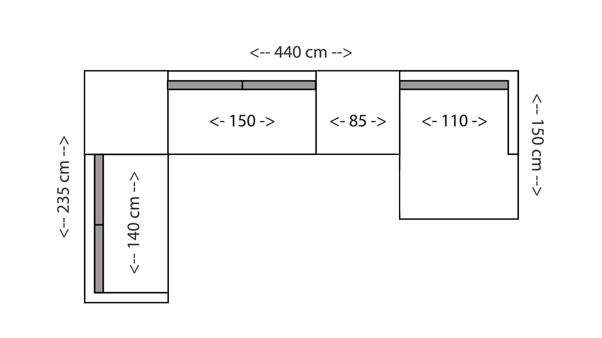 Saga Wohnlandschaft 150 mit XL-Longchair 150 Skizze